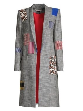 Alice + Olivia Gray Patchwork Long Coat - Red Lining